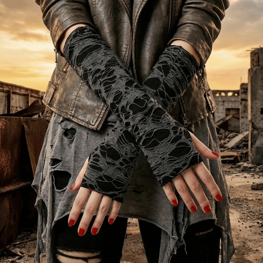 Vintage Long Punk Gloves Dark  - Fingerless Glove Knit 评论和价格