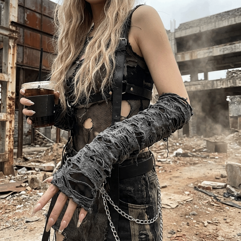 Vintage Long Punk Gloves Dark  - Fingerless Glove Knit 评论和价格