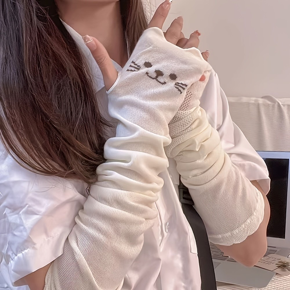 1 Pair Cute Cat Print Arm Cove - Fingerless Glove Knit 评论和价格
