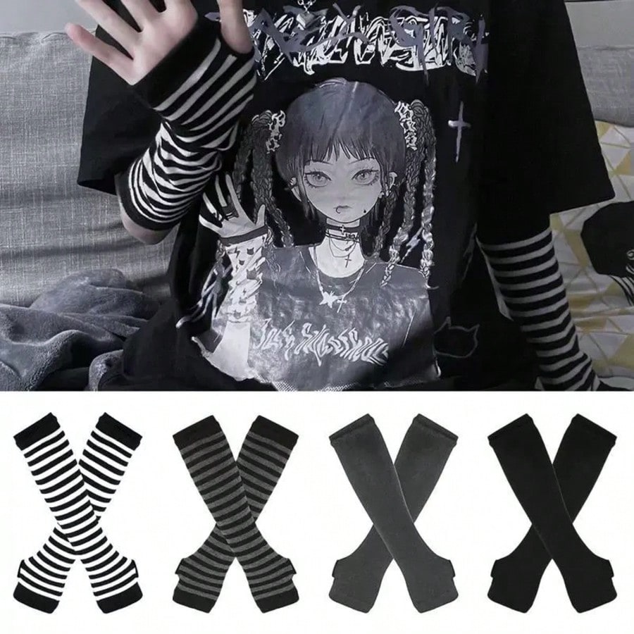 1 Pair Y2K Punk Striped Knitte - Fingerless Glove Knit 评论和价格