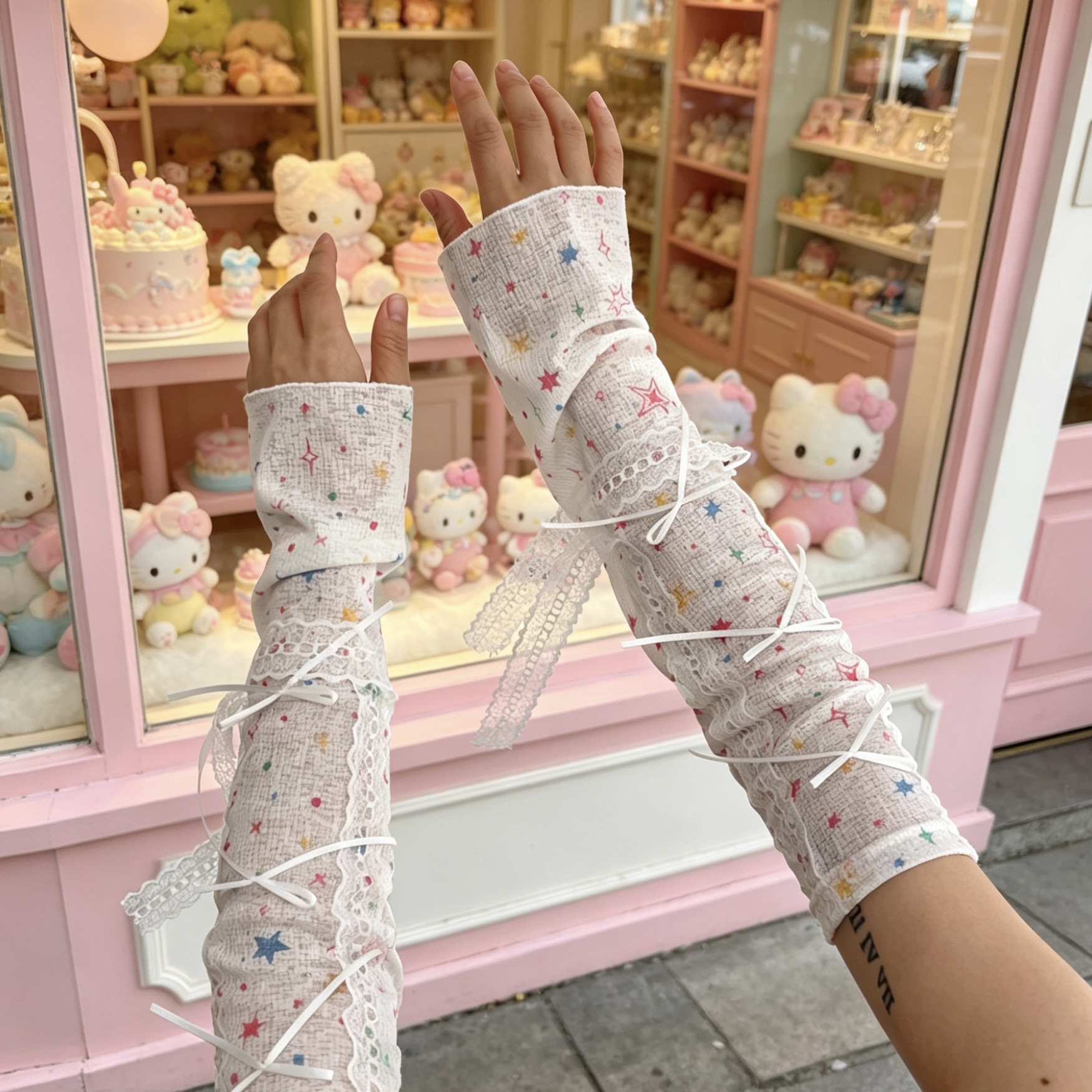Kawaii Star Print Lace Arm Sle - Fingerless Glove Knit 评论和价格