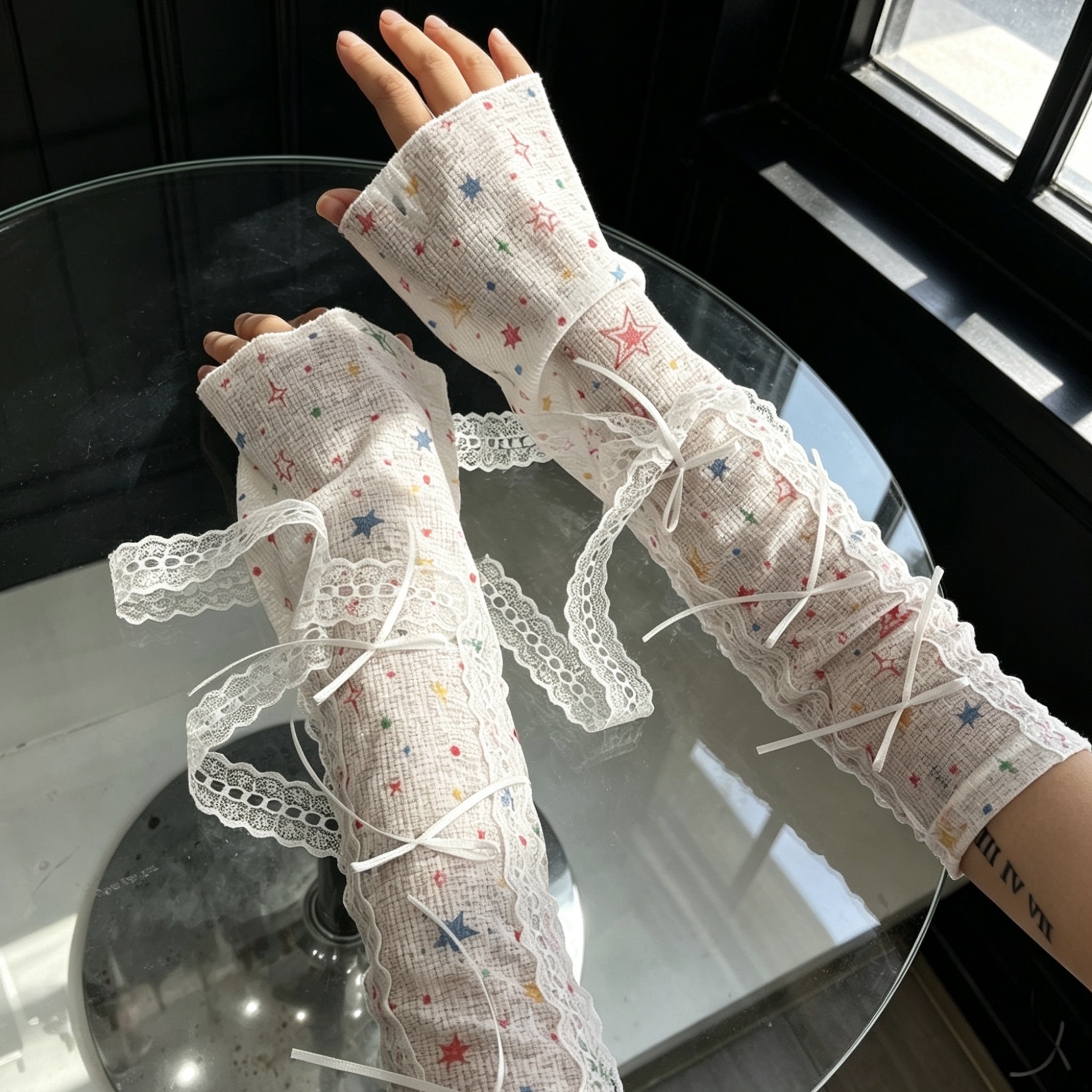 Kawaii Star Print Lace Arm Sle - Fingerless Glove Knit 评论和价格